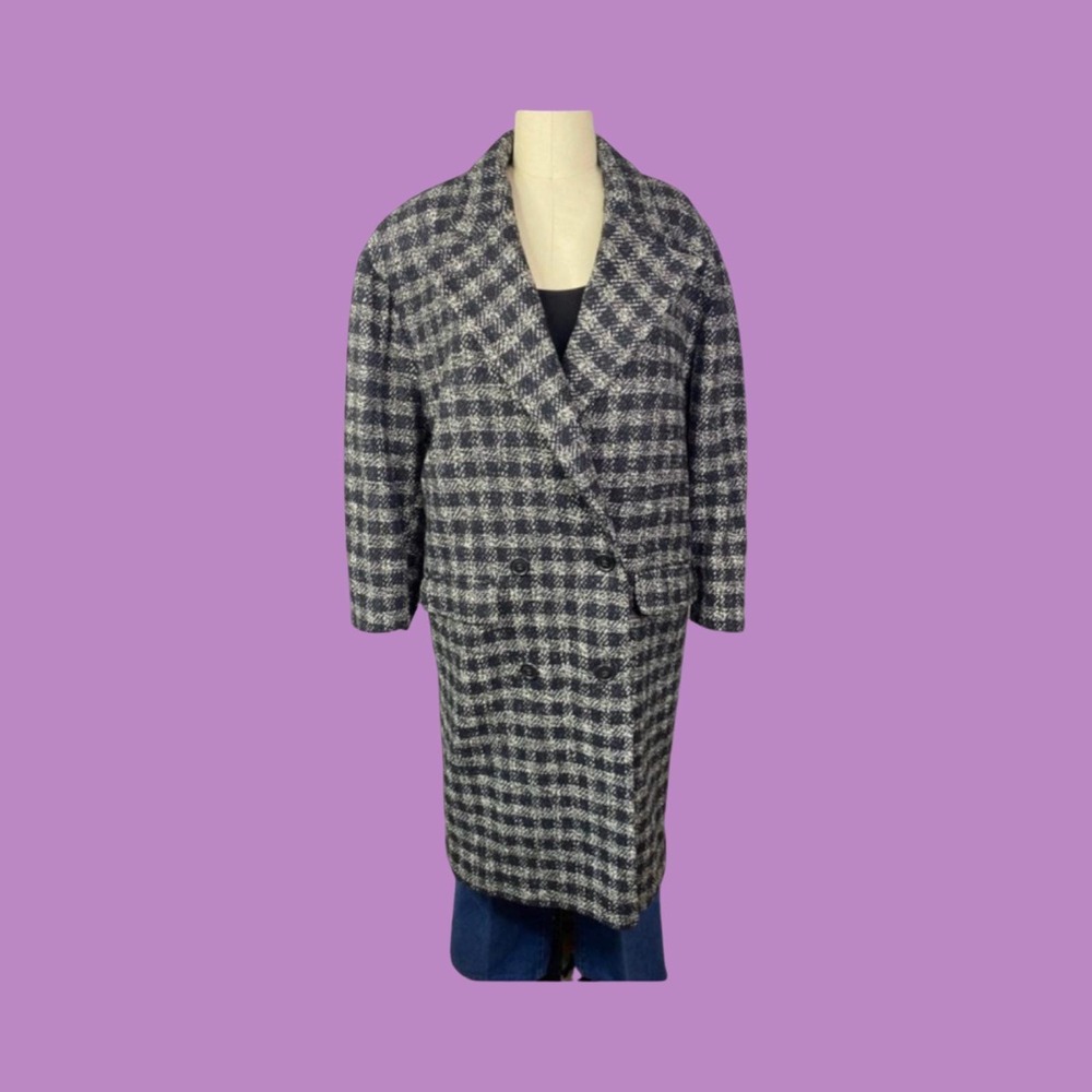 Vintage Houndstooth Double Breasted Wool Blend Trench Coat, Size 9/10